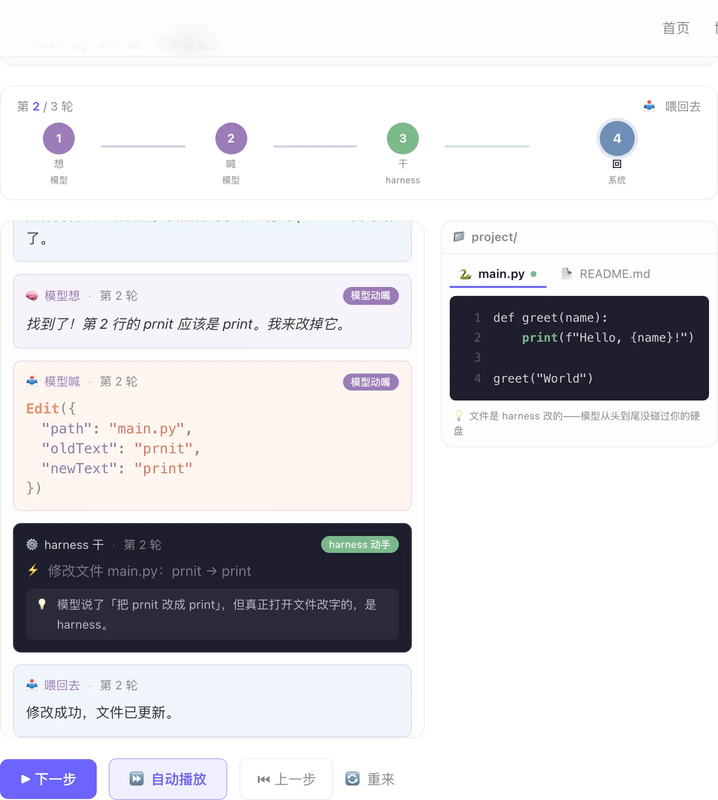 model loop 交互演示工具截图：循环第 2 轮，模型喊了 Edit，harness 真正改了文件