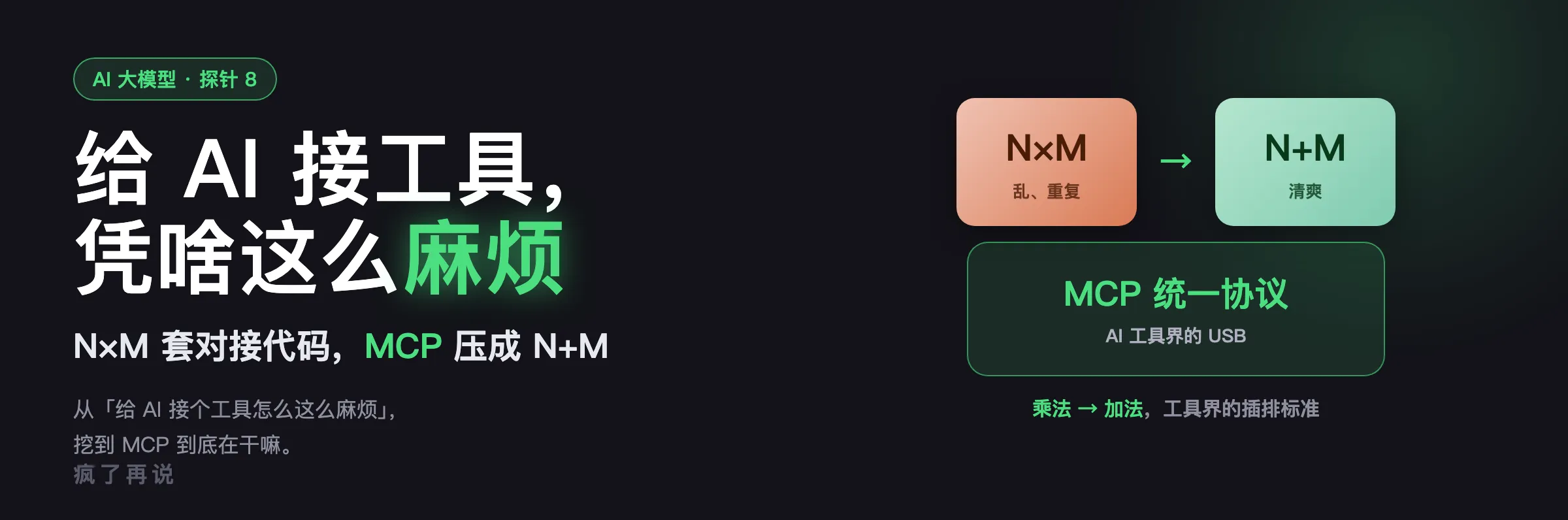探针 8 封面：给 AI 接个工具，为什么这么麻烦——N×M 麻烦，MCP 压成 N+M