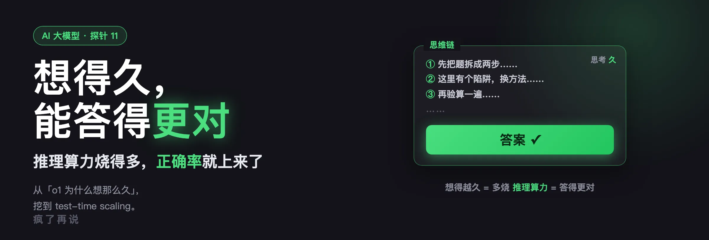 探针 11 封面：o1 想得久能答得更对——推理模型把推理一步步写出来，每步仍猜下一个字，烧的是推理算力