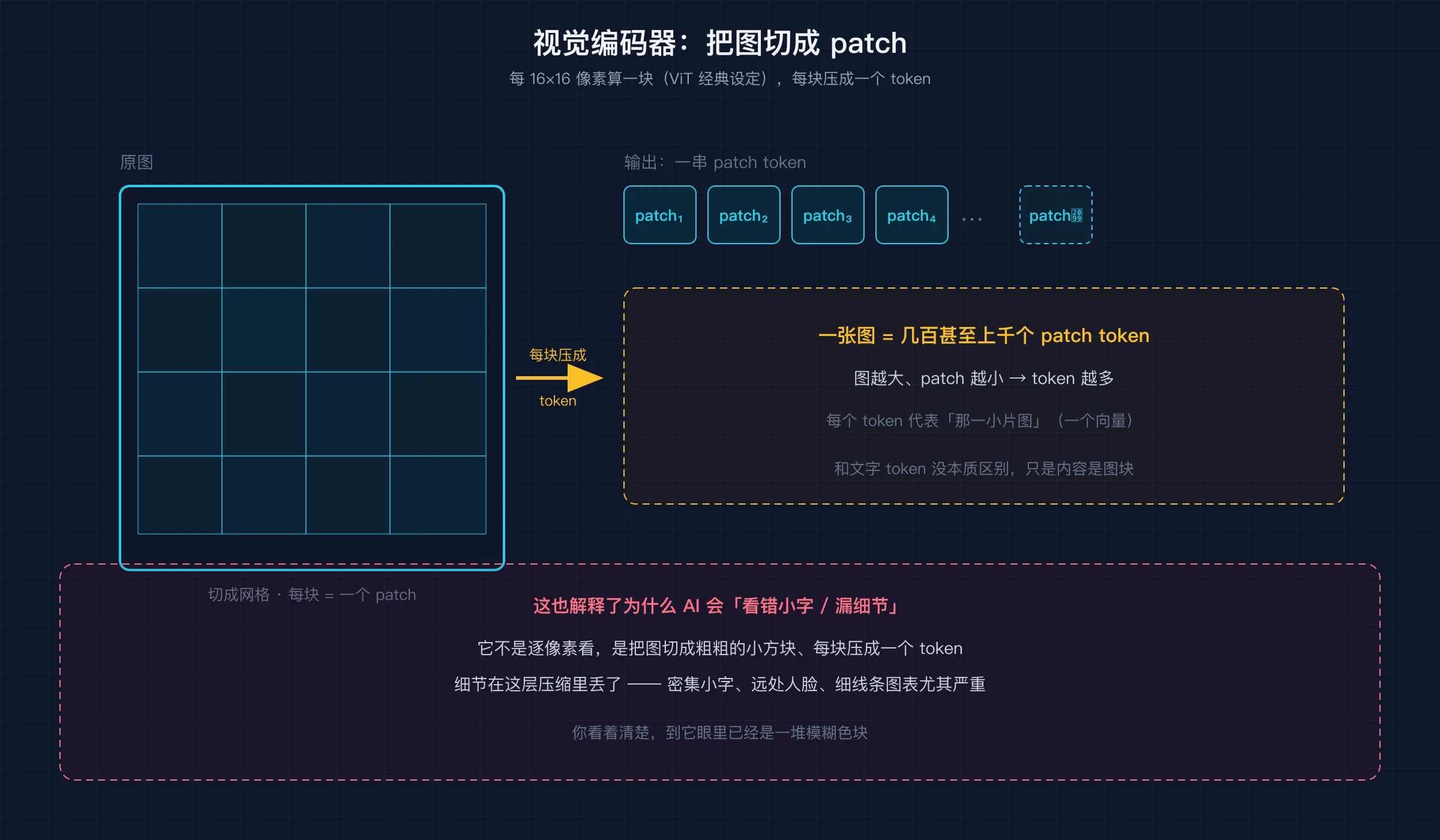 视觉编码器把图切成 patch 网格：每 16×16 像素一块，每块压成一个 token